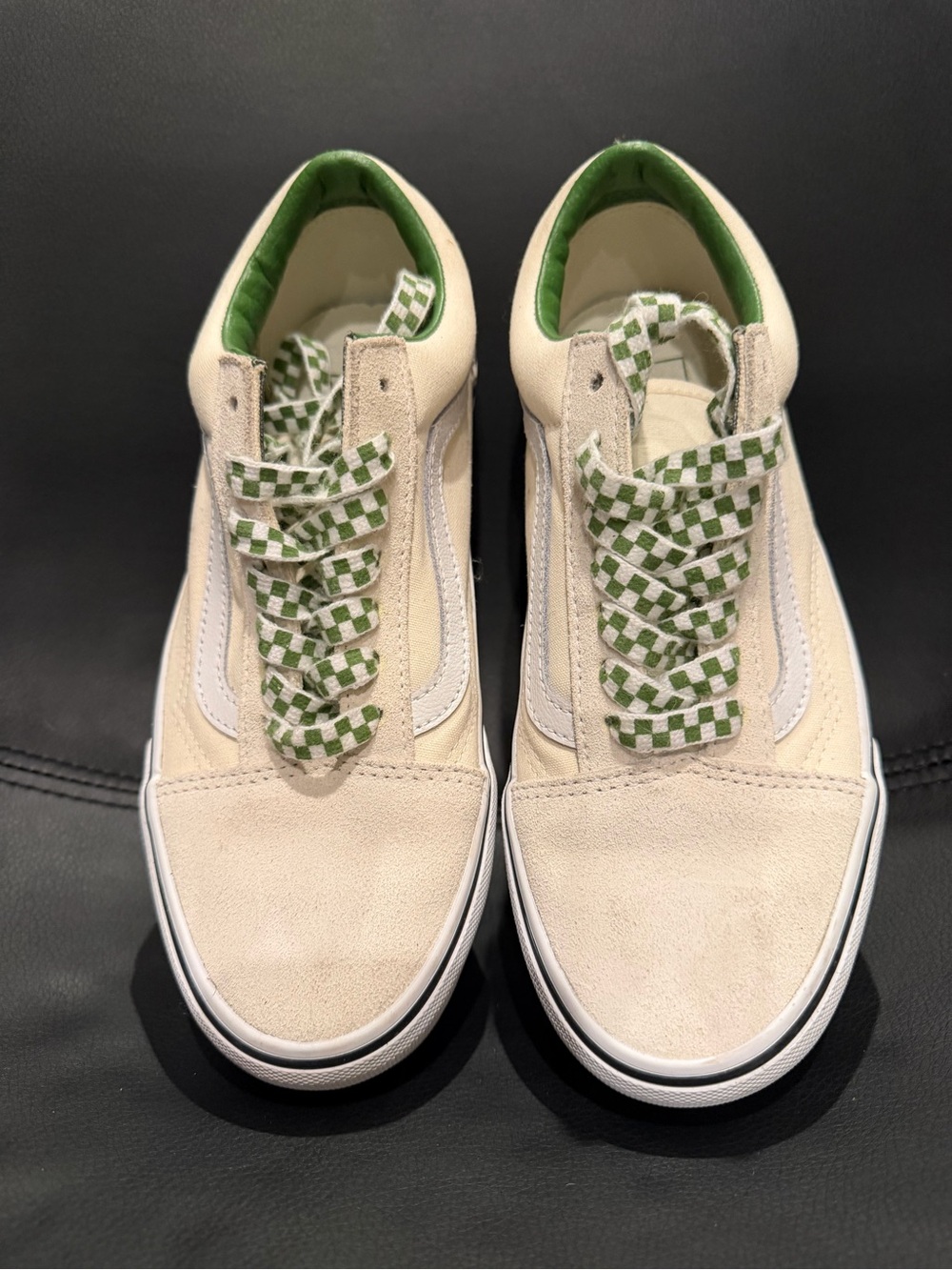Vans Old Skool Cream Suede Low-Top Sneakers with Green Check Laces
